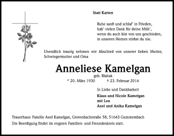Anzeige von Anneliese Kamelgan von Kölner Stadt-Anzeiger / Kölnische Rundschau / Express