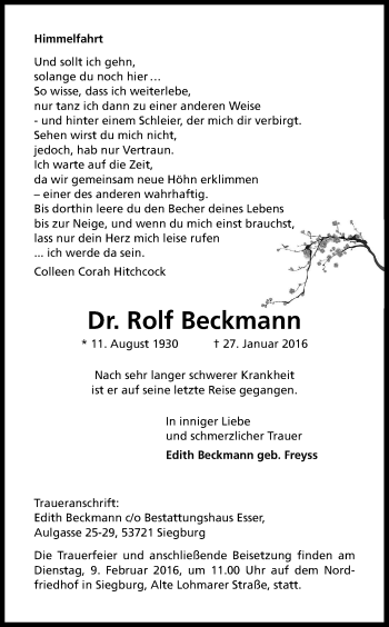 Anzeige von Rolf Beckmann von Kölner Stadt-Anzeiger / Kölnische Rundschau / Express