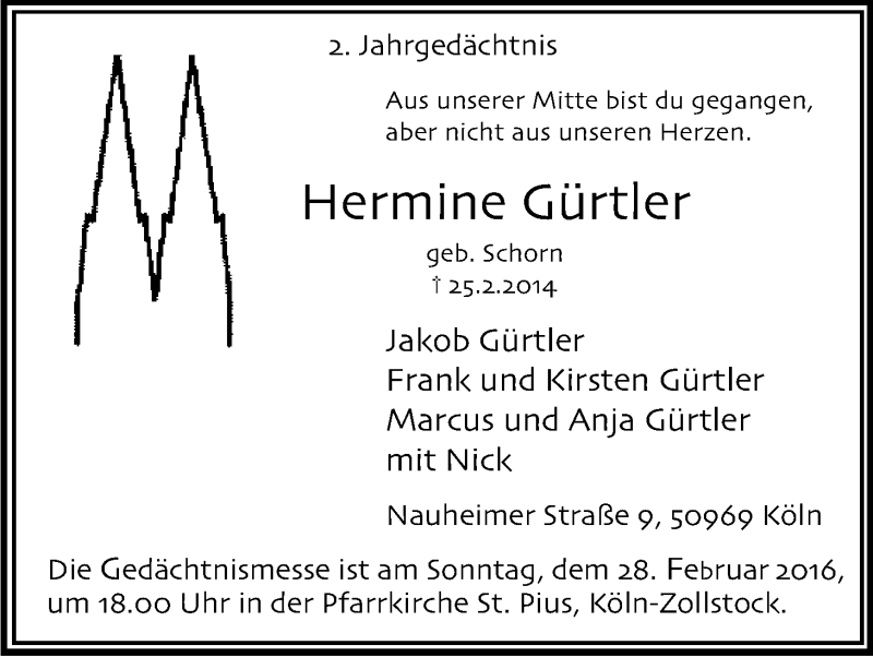  Traueranzeige für Hermine Gürtler vom 13.02.2016 aus Kölner Stadt-Anzeiger / Kölnische Rundschau / Express