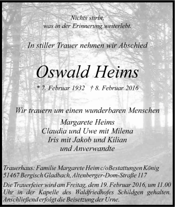 Anzeige von Oswald Heims von Kölner Stadt-Anzeiger / Kölnische Rundschau / Express