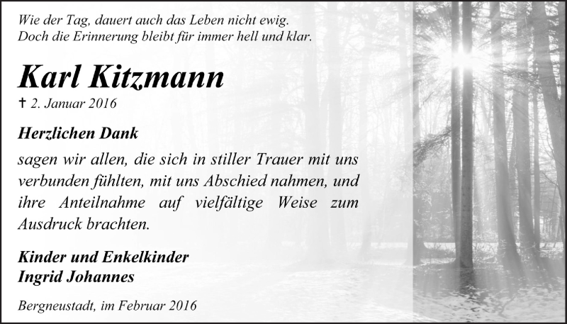  Traueranzeige für Karl Kitzmann vom 24.02.2016 aus  Anzeigen Echo 