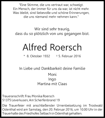 Anzeige von Alfred Roersch von Kölner Stadt-Anzeiger / Kölnische Rundschau / Express