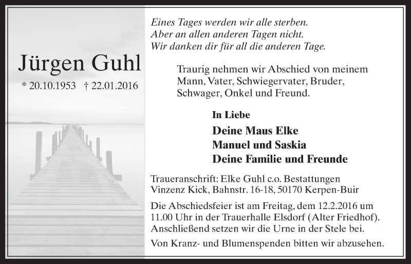  Traueranzeige für Jürgen Guhl vom 03.02.2016 aus  Werbepost 