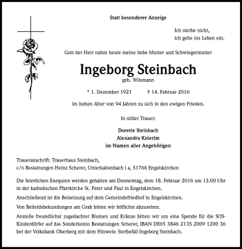 Anzeige von Ingeborg Steinbach von Kölner Stadt-Anzeiger / Kölnische Rundschau / Express