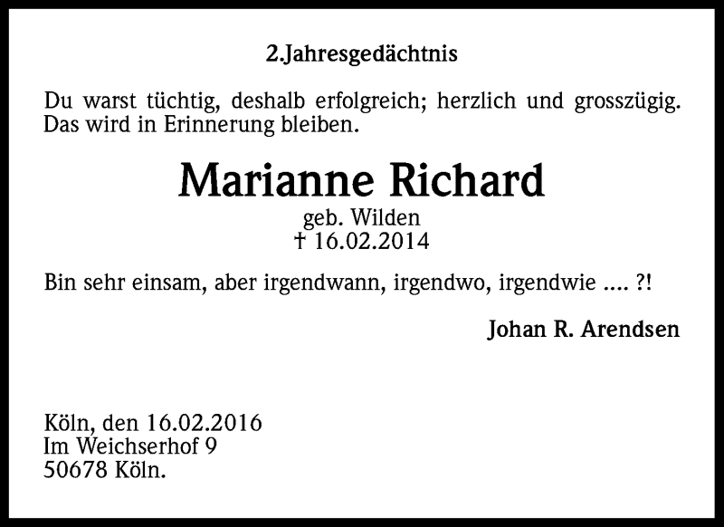 Traueranzeige für Marianne Richard vom 16.02.2016 aus Kölner Stadt-Anzeiger / Kölnische Rundschau / Express