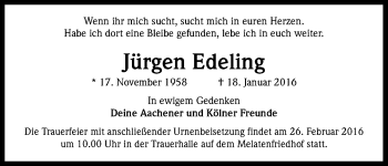 Anzeige von Jürgen Edeling von Kölner Stadt-Anzeiger / Kölnische Rundschau / Express