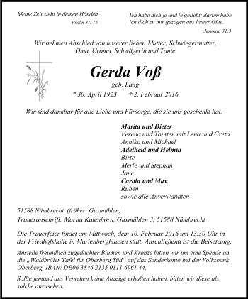 Anzeige von Gerda Voß von Kölner Stadt-Anzeiger / Kölnische Rundschau / Express