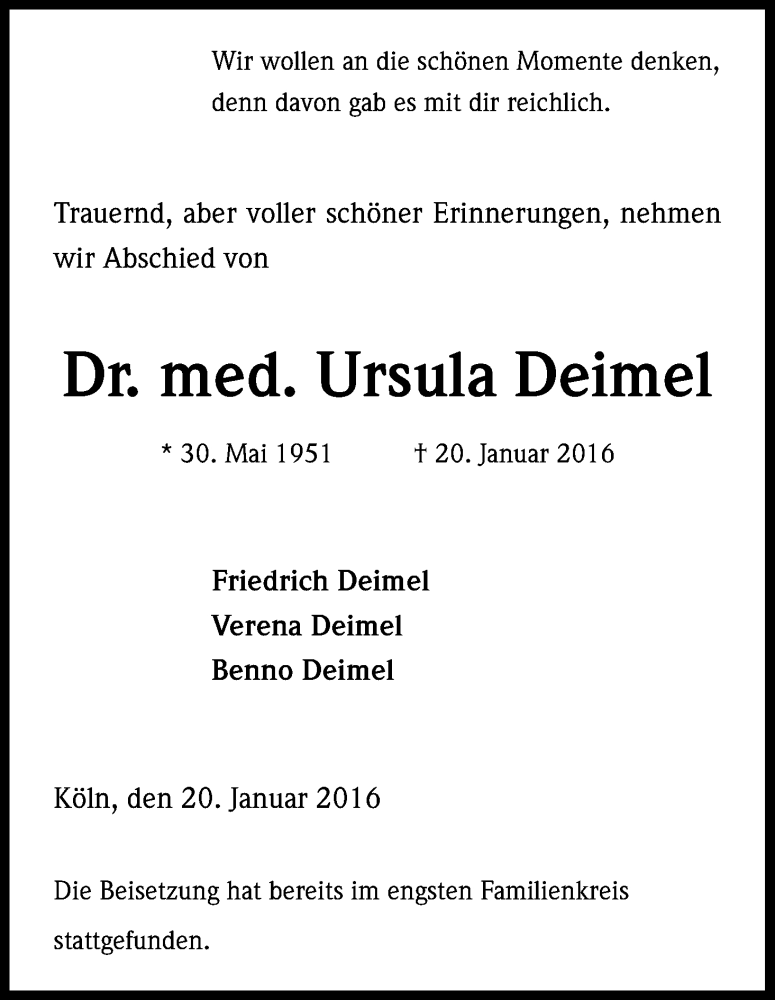  Traueranzeige für Ursula Deimel vom 02.02.2016 aus Kölner Stadt-Anzeiger / Kölnische Rundschau / Express