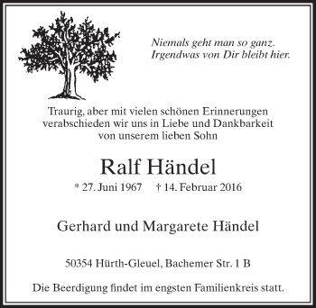Anzeige von Ralf Händel von  Sonntags-Post 