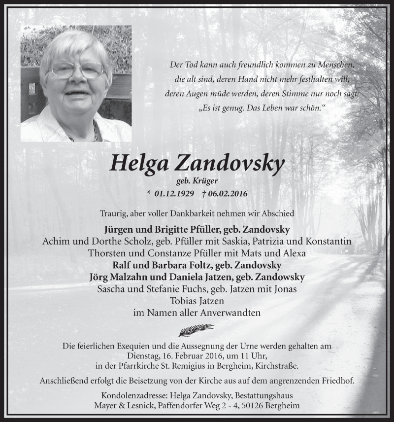  Traueranzeige für Helga Zandovsky vom 13.02.2016 aus  Sonntags-Post 