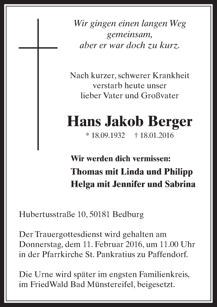  Traueranzeige für Hans Jakob Berger vom 10.02.2016 aus  Werbepost 