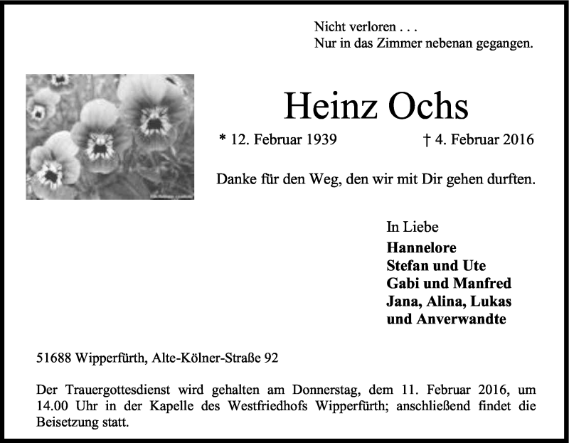  Traueranzeige für Heinz Ochs vom 06.02.2016 aus Kölner Stadt-Anzeiger / Kölnische Rundschau / Express