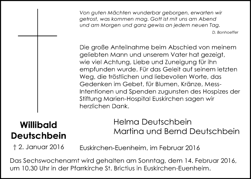  Traueranzeige für Willibald Deutschbein vom 07.02.2016 aus  Blickpunkt Euskirchen 