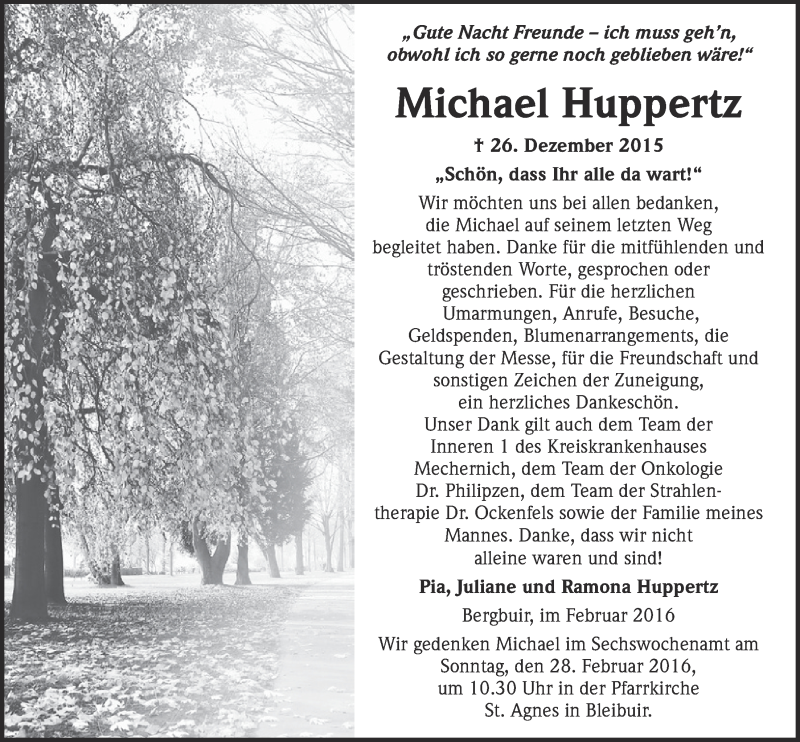  Traueranzeige für Michael Huppertz vom 21.02.2016 aus  Blickpunkt Euskirchen 