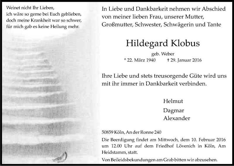  Traueranzeige für Hildegard Klobus vom 06.02.2016 aus Kölner Stadt-Anzeiger / Kölnische Rundschau / Express
