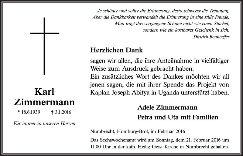  Traueranzeige für Karl Zimmermann vom 17.02.2016 aus  Anzeigen Echo  Lokalanzeiger 