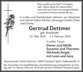 Anzeige von Gertrud Dettmer von  Extra Blatt 
