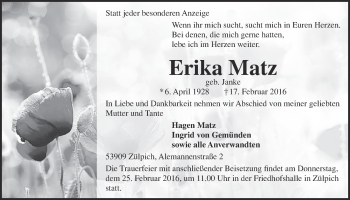 Anzeige von Erika Matz von  Blickpunkt Euskirchen 