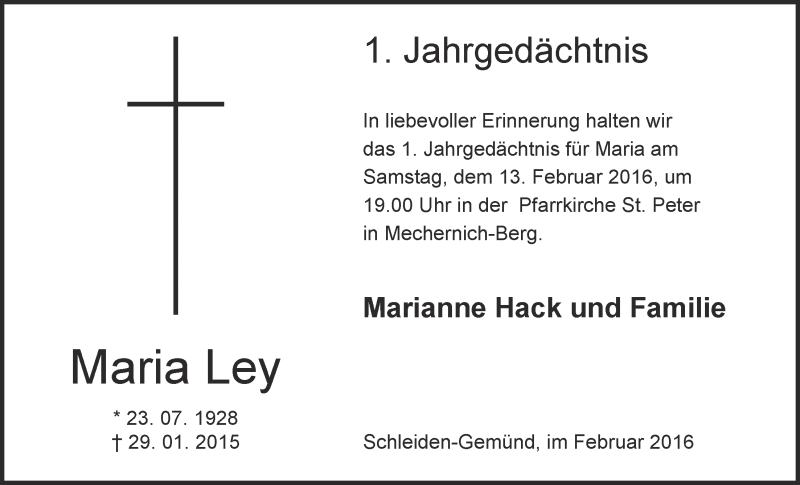  Traueranzeige für Maria Ley vom 07.02.2016 aus  Blickpunkt Euskirchen 