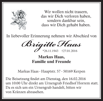 Anzeige von Brigitte Haas von  Sonntags-Post 