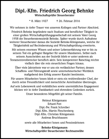 Anzeige von Friedrich Georg Behnke von Kölner Stadt-Anzeiger / Kölnische Rundschau / Express