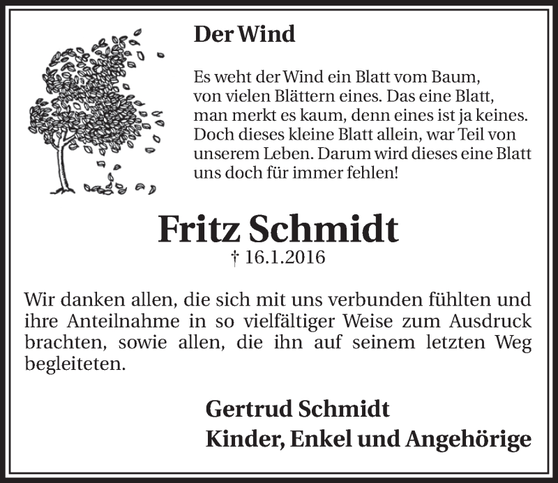  Traueranzeige für Fritz Schmidt vom 10.02.2016 aus  Schlossbote/Werbekurier 