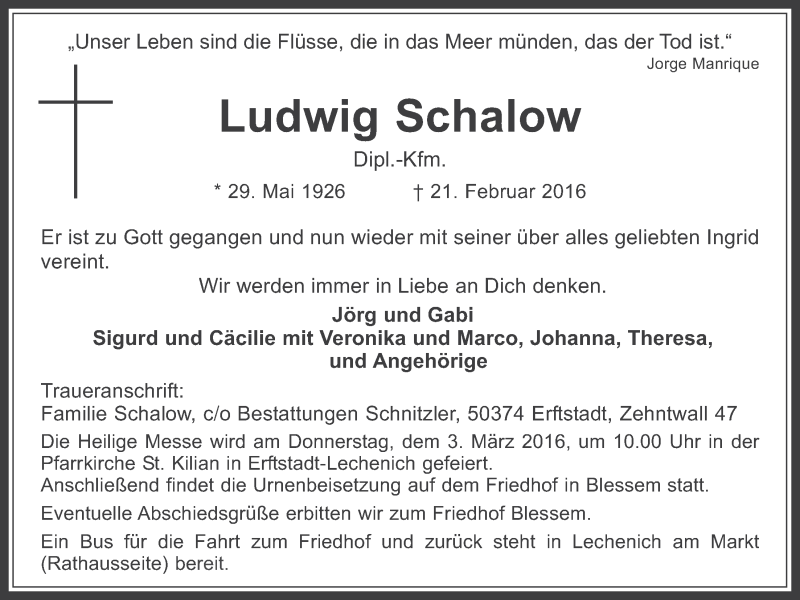  Traueranzeige für Ludwig Schalow vom 24.02.2016 aus  Werbepost 