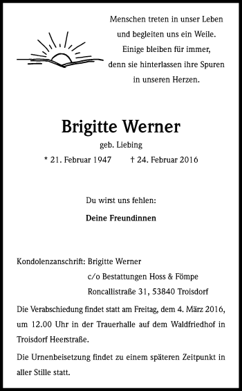 Anzeige von Brigitte Werner von Kölner Stadt-Anzeiger / Kölnische Rundschau / Express