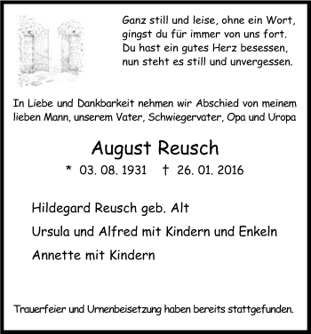 Anzeige von August Reusch von Kölner Stadt-Anzeiger / Kölnische Rundschau / Express