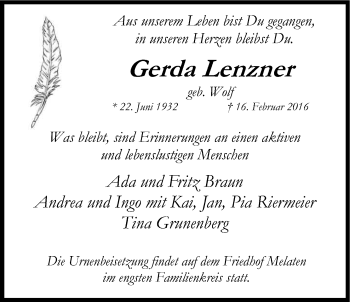 Anzeige von Gerda Lenzner von Kölner Stadt-Anzeiger / Kölnische Rundschau / Express