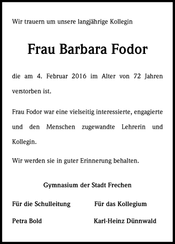 Anzeige von Barbara Fodor von Kölner Stadt-Anzeiger / Kölnische Rundschau / Express