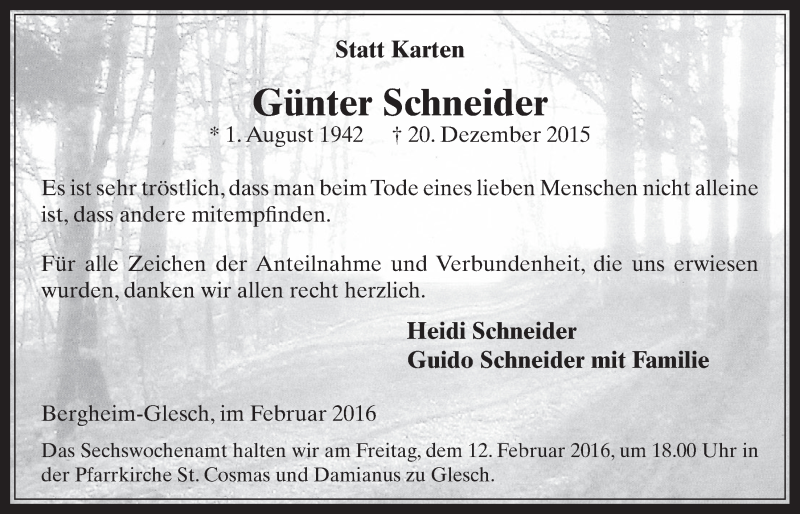  Traueranzeige für Günter Schneider vom 10.02.2016 aus  Werbepost 