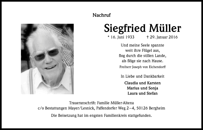  Traueranzeige für Siegfried Müller vom 06.02.2016 aus Kölner Stadt-Anzeiger / Kölnische Rundschau / Express