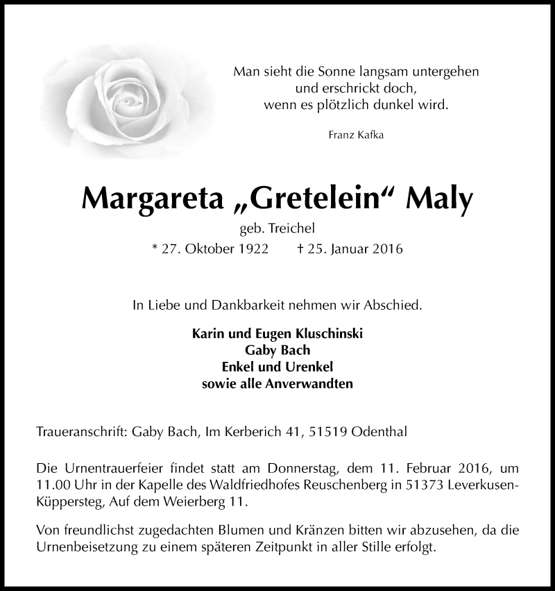 Traueranzeige für Margareta Maly vom 03.02.2016 aus Kölner Stadt-Anzeiger / Kölnische Rundschau / Express