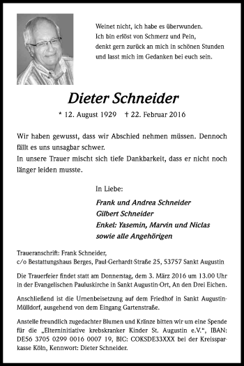 Anzeige von Dieter Schneider von Kölner Stadt-Anzeiger / Kölnische Rundschau / Express