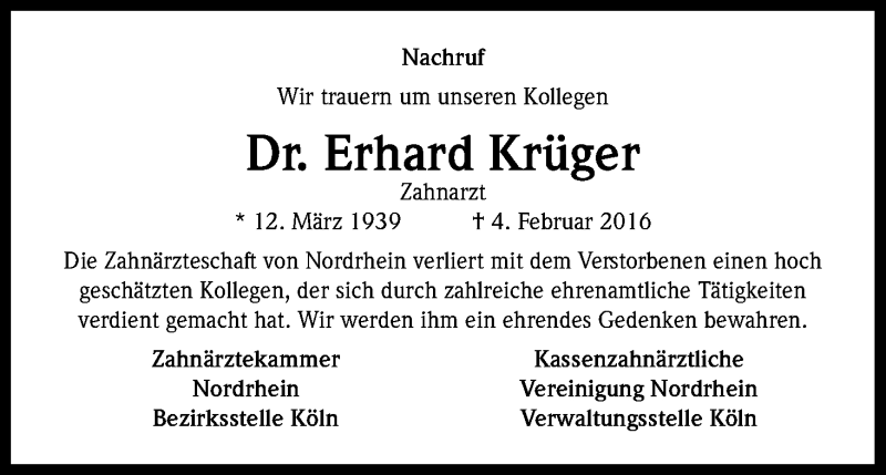  Traueranzeige für Erhard Krüger vom 15.02.2016 aus Kölner Stadt-Anzeiger / Kölnische Rundschau / Express