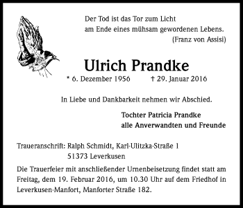 Anzeige von Ulrich Prandke von Kölner Stadt-Anzeiger / Kölnische Rundschau / Express