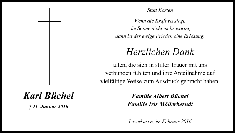  Traueranzeige für Karl Büchel vom 27.02.2016 aus Kölner Stadt-Anzeiger / Kölnische Rundschau / Express