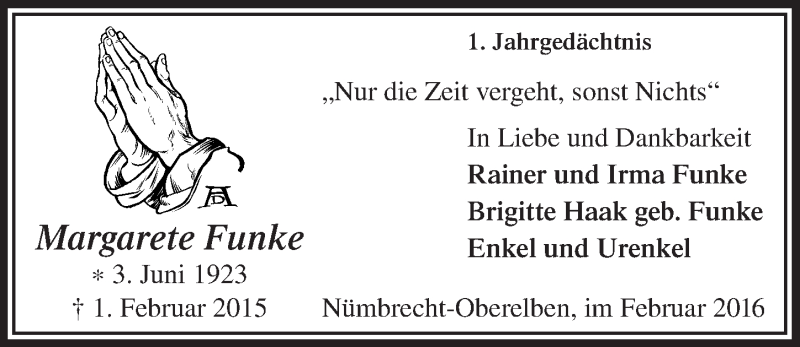  Traueranzeige für Margarete Funke vom 03.02.2016 aus  Lokalanzeiger 