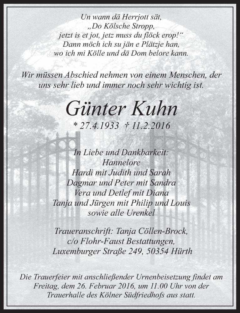  Traueranzeige für Günter Kuhn vom 24.02.2016 aus  Kölner Wochenspiegel 