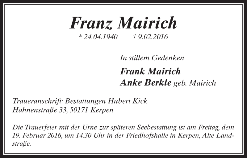  Traueranzeige für Franz Mairich vom 17.02.2016 aus  Werbepost 