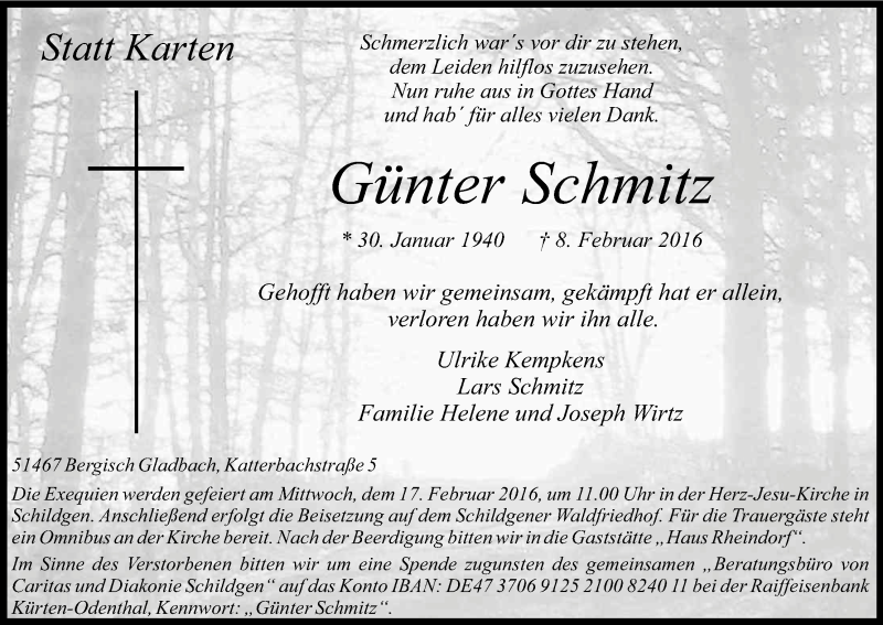  Traueranzeige für Günter Schmitz vom 13.02.2016 aus Kölner Stadt-Anzeiger / Kölnische Rundschau / Express