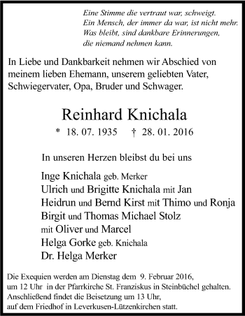 Anzeige von Reinhard Knichala von Kölner Stadt-Anzeiger / Kölnische Rundschau / Express