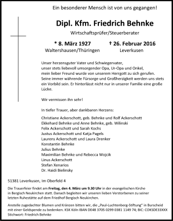 Anzeige von Friedrich Behnke von Kölner Stadt-Anzeiger / Kölnische Rundschau / Express