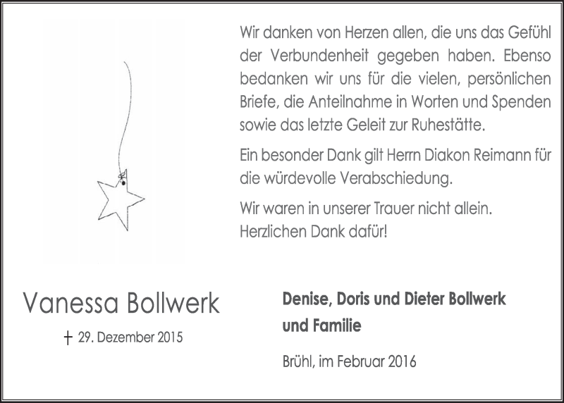  Traueranzeige für Vanessa Bollwerk vom 10.02.2016 aus  Schlossbote/Werbekurier 