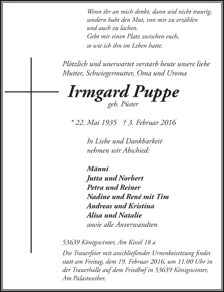  Traueranzeige für Irmgard Puppe vom 13.02.2016 aus  Rhein-Sieg-Wochenende 