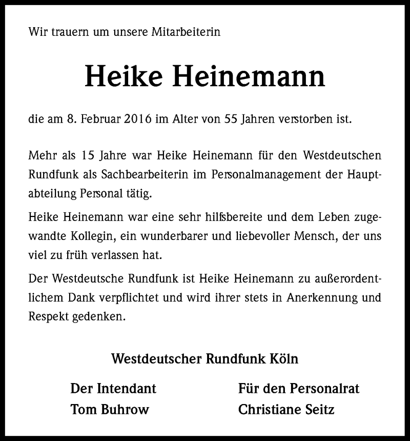  Traueranzeige für Heike Heinemann vom 27.02.2016 aus Kölner Stadt-Anzeiger / Kölnische Rundschau / Express
