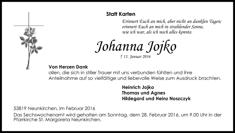  Traueranzeige für Johanna Jojko vom 24.02.2016 aus Kölner Stadt-Anzeiger / Kölnische Rundschau / Express