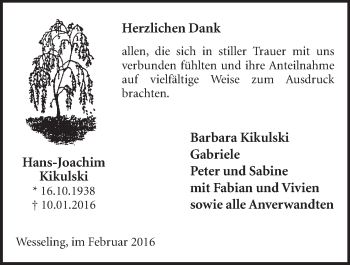 Anzeige von Hans-Joachim Kikulski von  Schlossbote/Werbekurier 