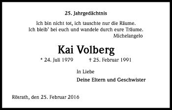 Anzeige von Kai Volberg von Kölner Stadt-Anzeiger / Kölnische Rundschau / Express